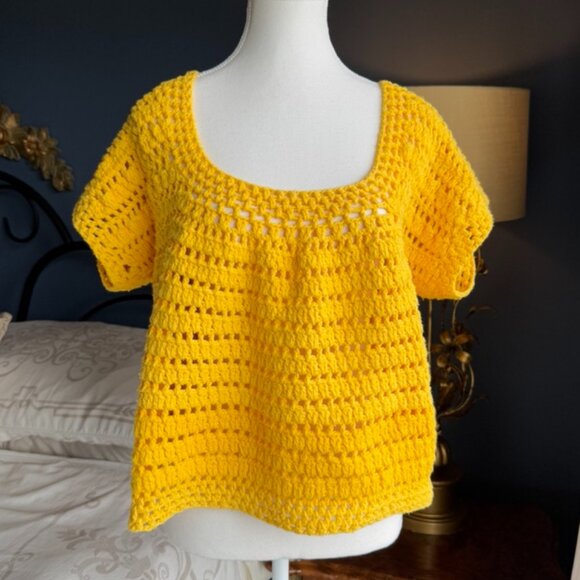 Yellow Handmade Open Knit Crochet Sweater - Picture 2 of 10